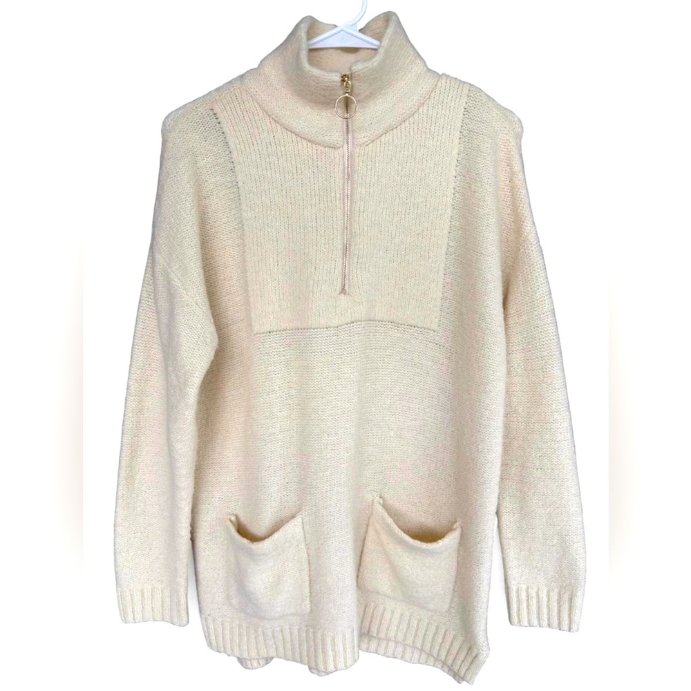 Entro Cream Half Zip Tunic Pullover Long Sweater Medium Soft Cozy Warm Pocket‎